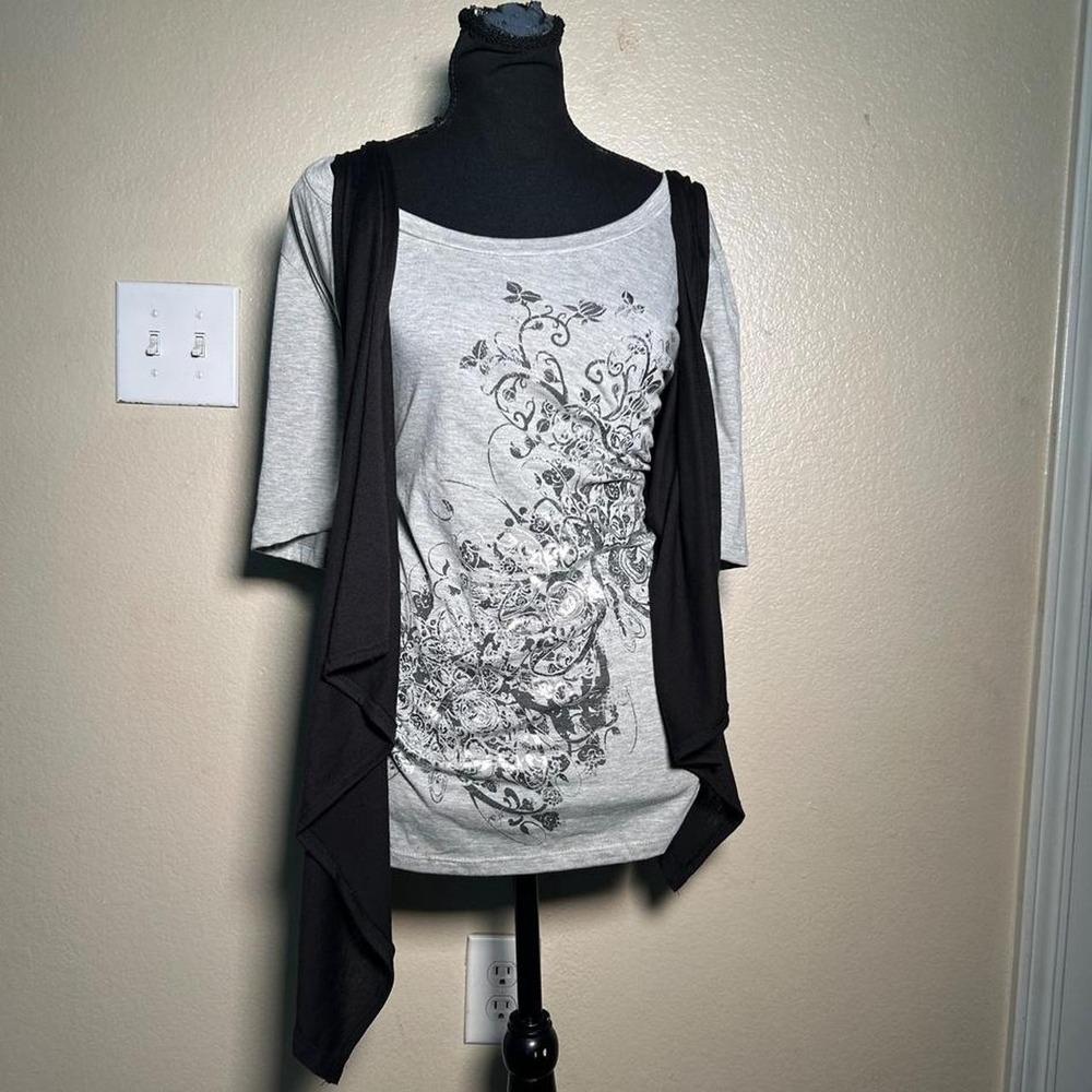 Annabelle 2000s Graphic Y2K Fall Layered Cardigan Top Grey Black 1X
